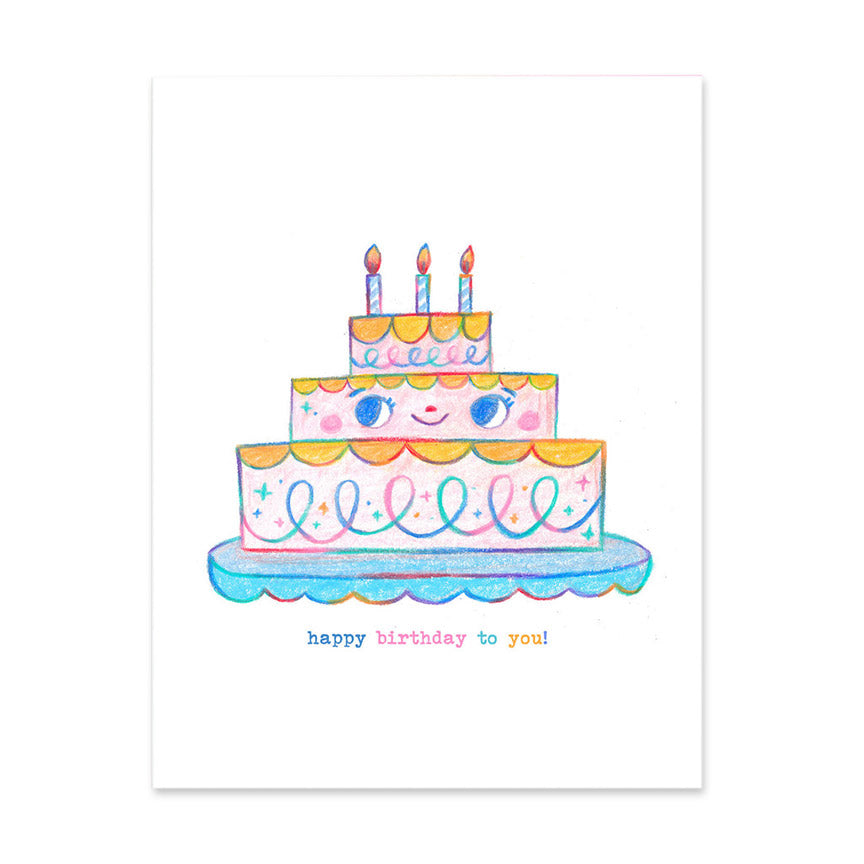 Birthday card of a colorful birthday cake illustration with candles and the text "happy birthday to you!" on a white background.