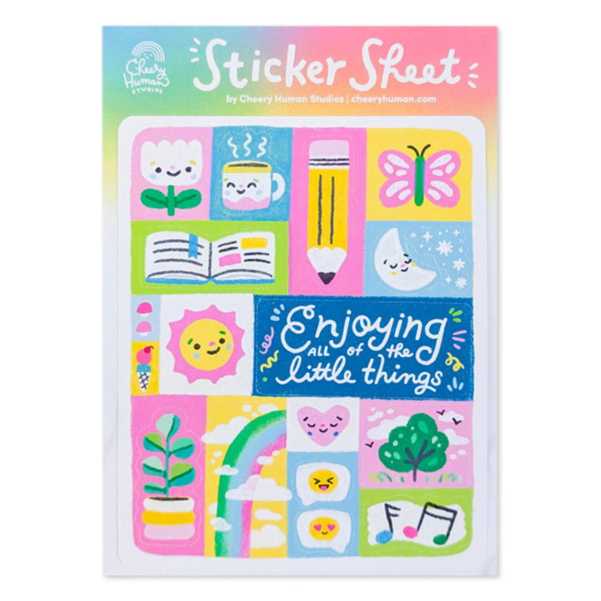 Sticker sheet with colorful illustrations and the text "enjoying all of the little things" against a white background.