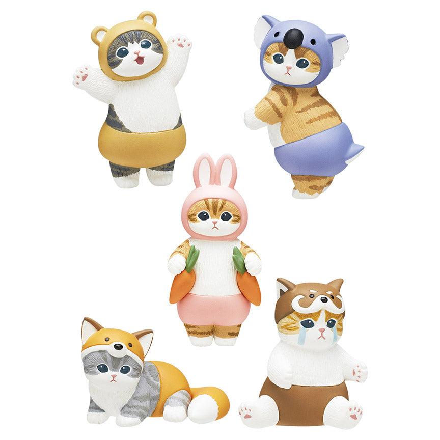 Five cat figurines are displayed in different animal-themed pants and hats on a white background.
