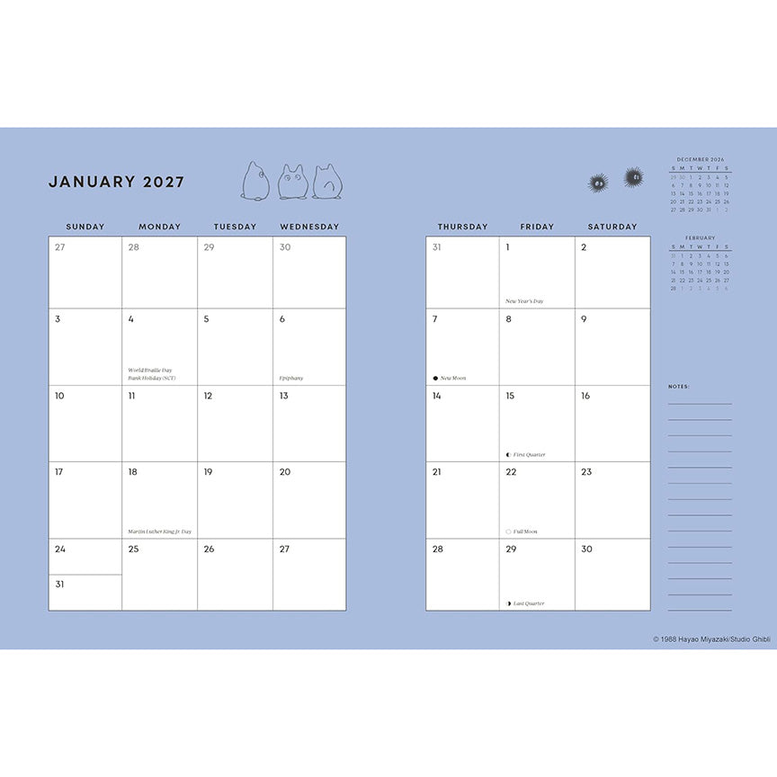 A light blue planner insert page for January 2027, showing a monthly calendar grid with weekday columns from Sunday through Saturday, small chibi Totoro icons above the title, a small December preview, and a vertical notes area on the right.