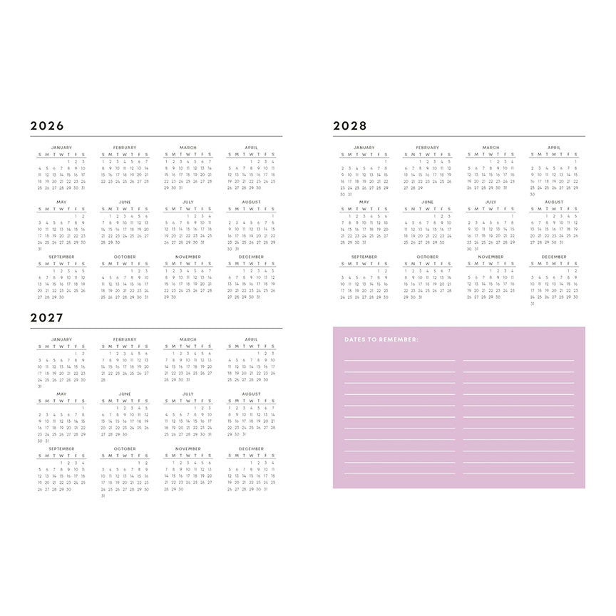 A minimalist planner page layout showing three calendar year spreads for 2026, 2027 and 2028, with a light pink &