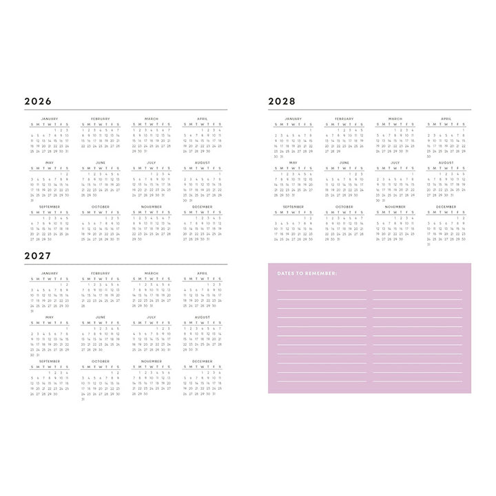 A minimalist planner page layout showing three calendar year spreads for 2026, 2027 and 2028, with a light pink &