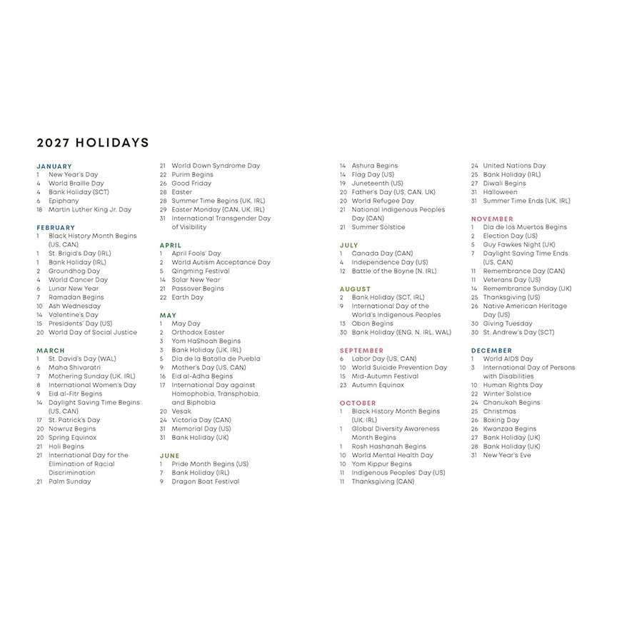 A white page spread featuring a list of all 2027 holidays by month they occur. 