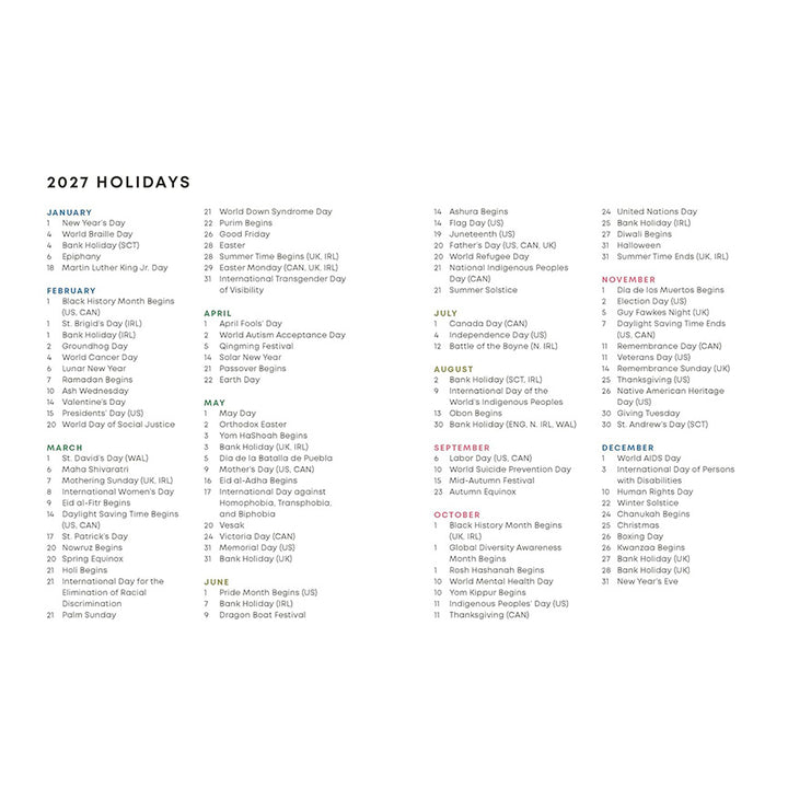 A white page spread featuring a list of all 2027 holidays by month they occur. 