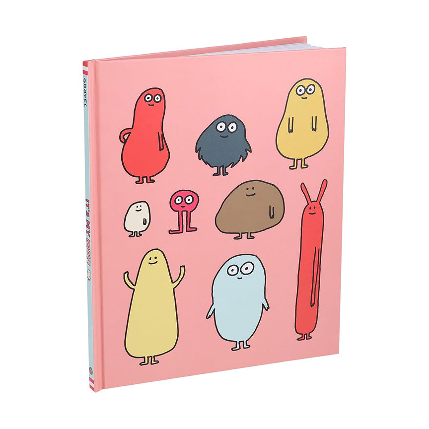 The back cover of the book, featuring a pink background decorated with various cartoonish blob-like monster characters in different colors. 