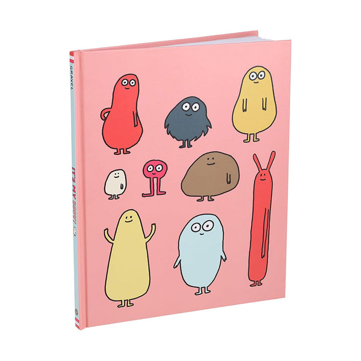 The back cover of the book, featuring a pink background decorated with various cartoonish blob-like monster characters in different colors. 