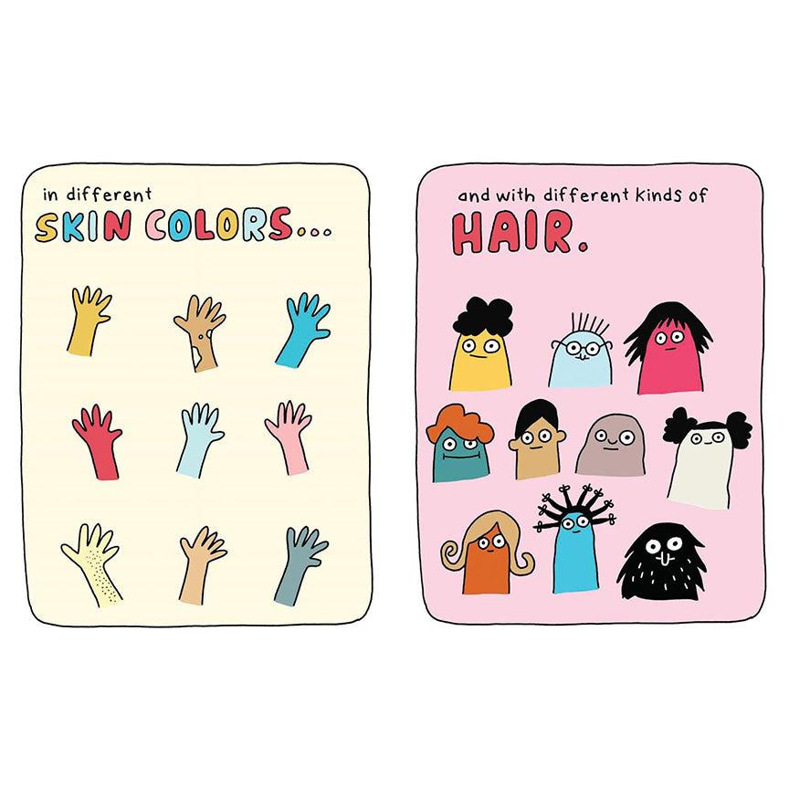 A page from the book featuring cartoon blob-like monster character hands and hair with text reading &