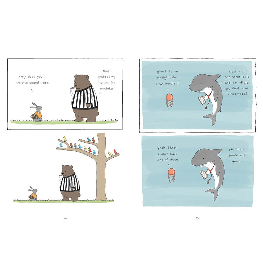 Two pages from the book "Life in the Present" with illustrations of a bear and bunny on one page and a jellyfish and shark on the other.