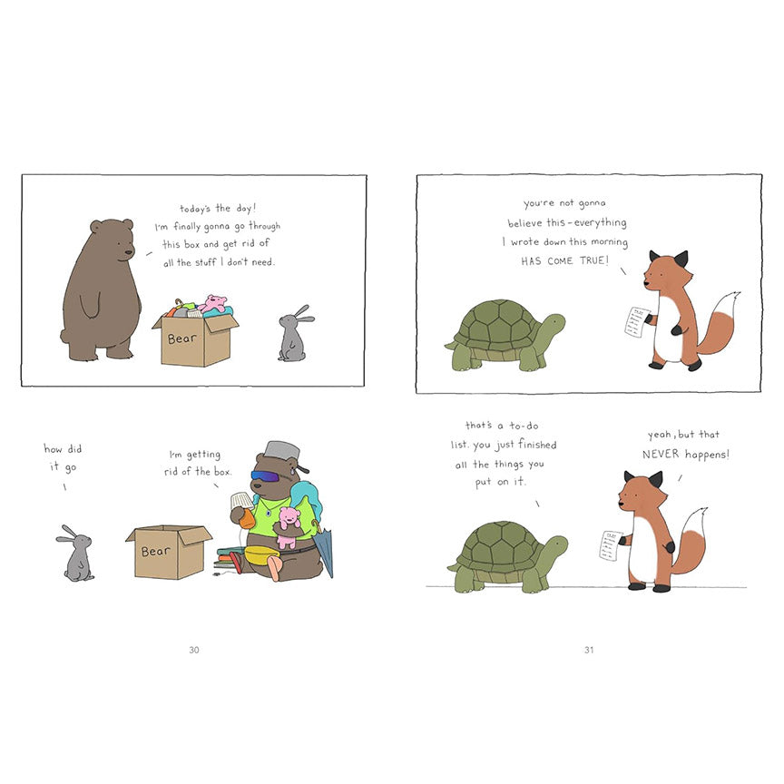 Two pages from the book "Life in the Present" with illustrations of a bear and bunny on one page and a turtle and fox on the other.
