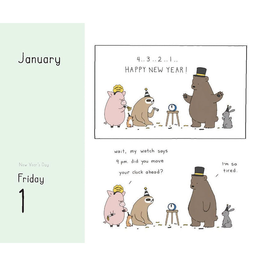 A minimalist comic-style calendar page showing January 1st. Five animals with party hats count down to the new year. One animal says to the other "Wait, my watch says 9pm. Did you move your clock ahead?" A bear replies "I&