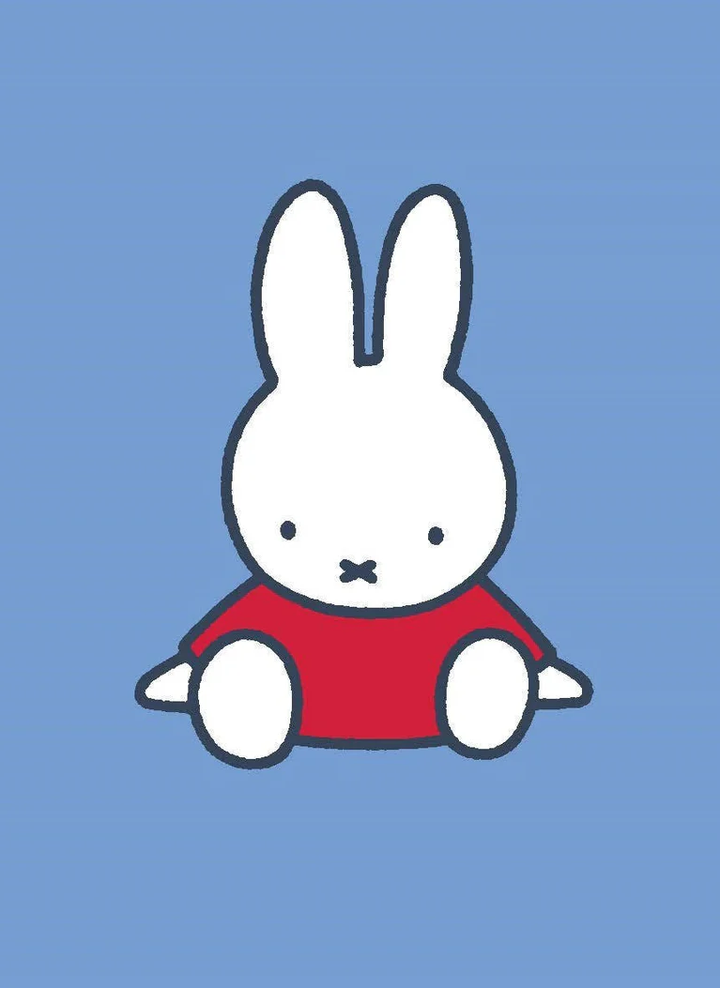 Cartoon rabbit character wearing a red shirt on a blue background.
