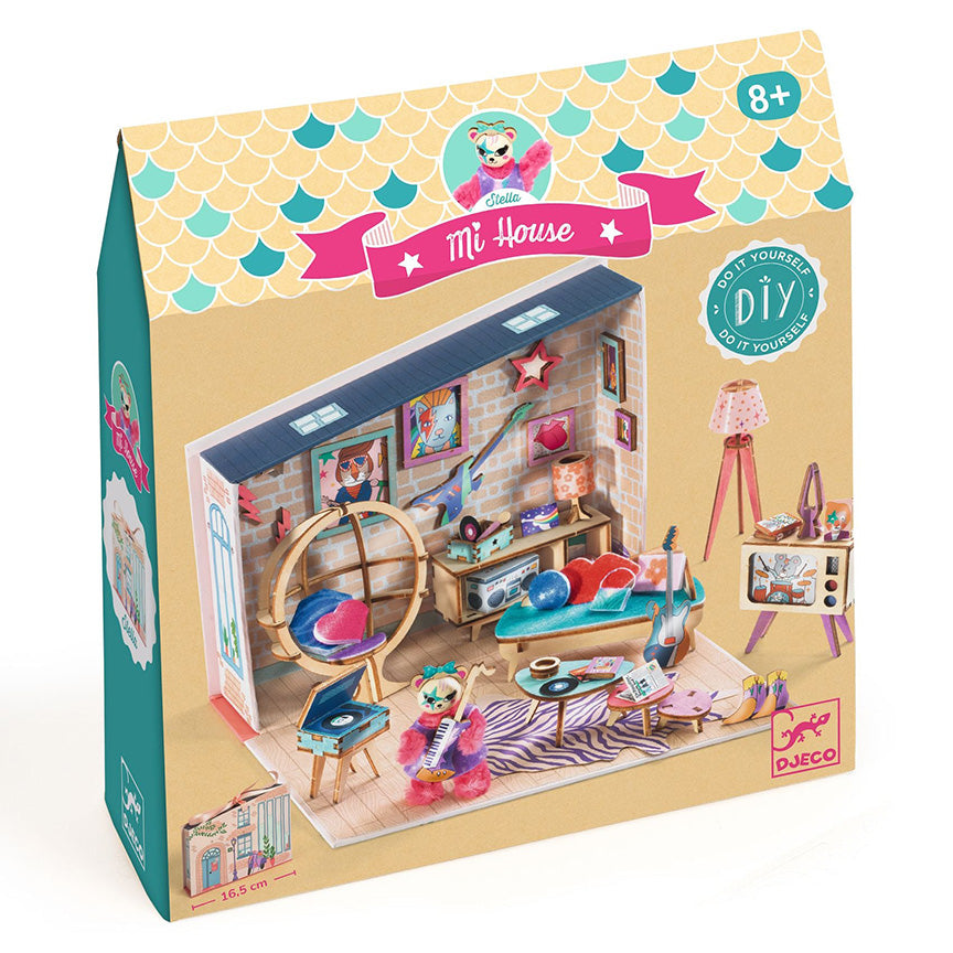 Djeco 'My House' toy set packaging with colorful design and miniature room illustration.