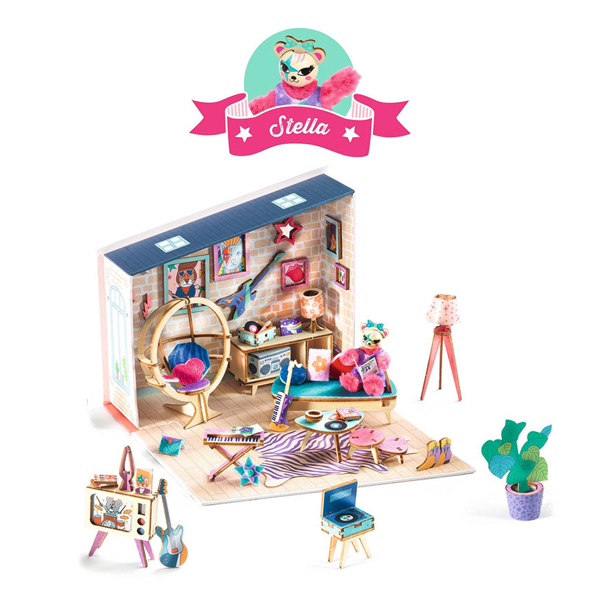 Djeco toy apartment set with various punk-rock furniture and decorations on a white background