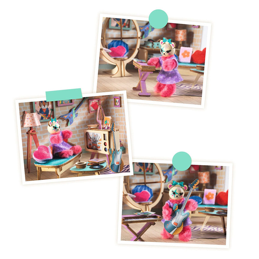 Collage of a colorful toy bear character playing guitar, piano. and sitting in various settings.