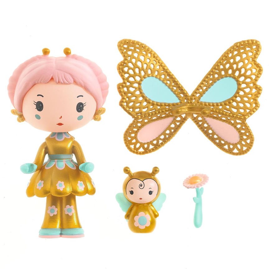 This photo demonstrates the removable lace golden wings which the doll can wear, along with the included mini-figurine and detachable flower accessory. 