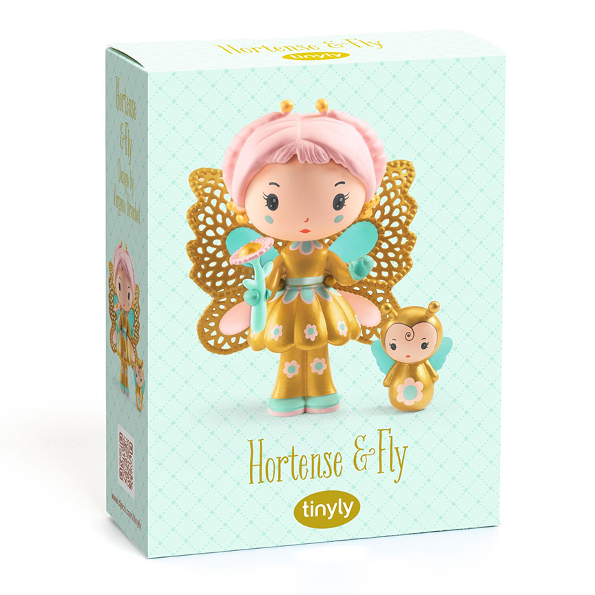 Toy packaging for Hortense and Fly, featuring a photo of the dolls with text  reading "Hortense &amp; Fly" with the Tinyly logo underneath against a pale teal background. 