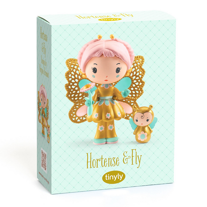 Toy packaging for Hortense and Fly, featuring a photo of the dolls with text  reading "Hortense &amp; Fly" with the Tinyly logo underneath against a pale teal background. 