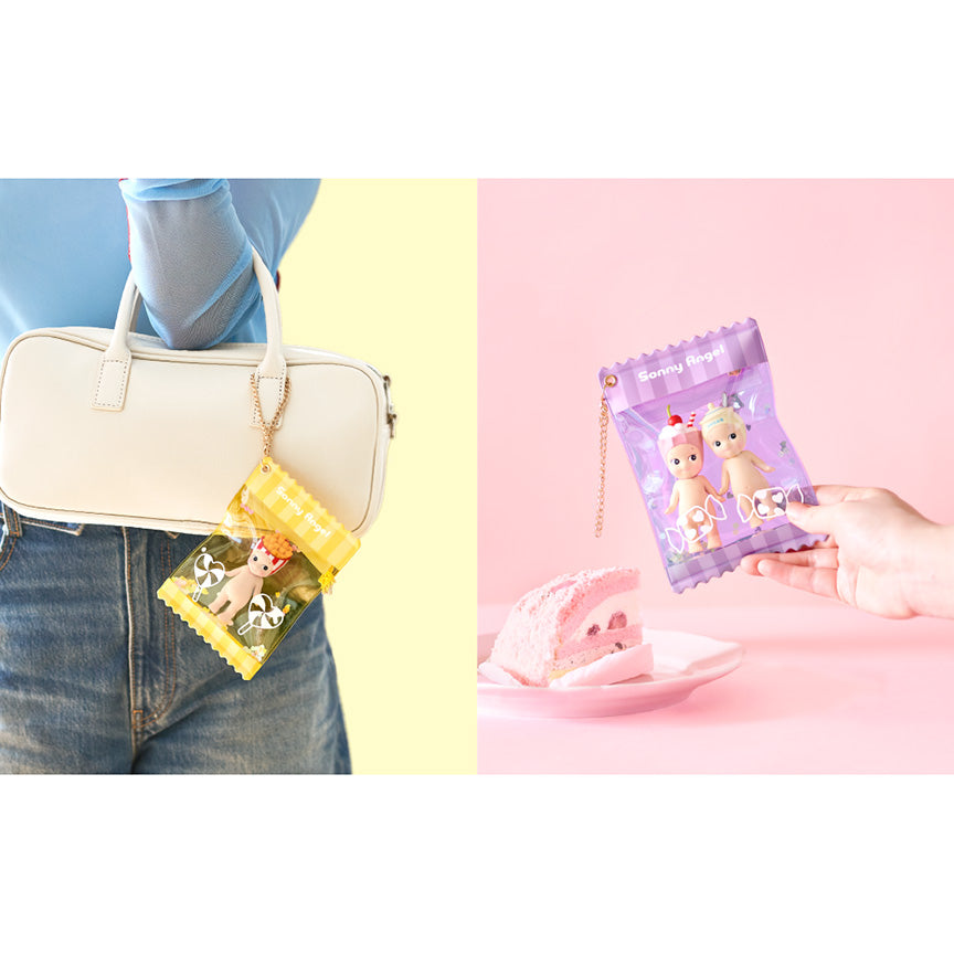 Two pictures each featuring a candy-themed mini-figure holder pouch with a gold chain strap, one yellow case and one purple. The yellow case is attached to a purse and has one sonny angel figure inside. The purple case is being held by a hand and has two sonny angel figures inside. 