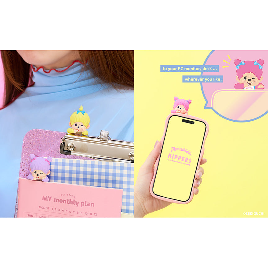 Monchhichi hippers attached to things such as a clipboard, a book, and a phone case. 