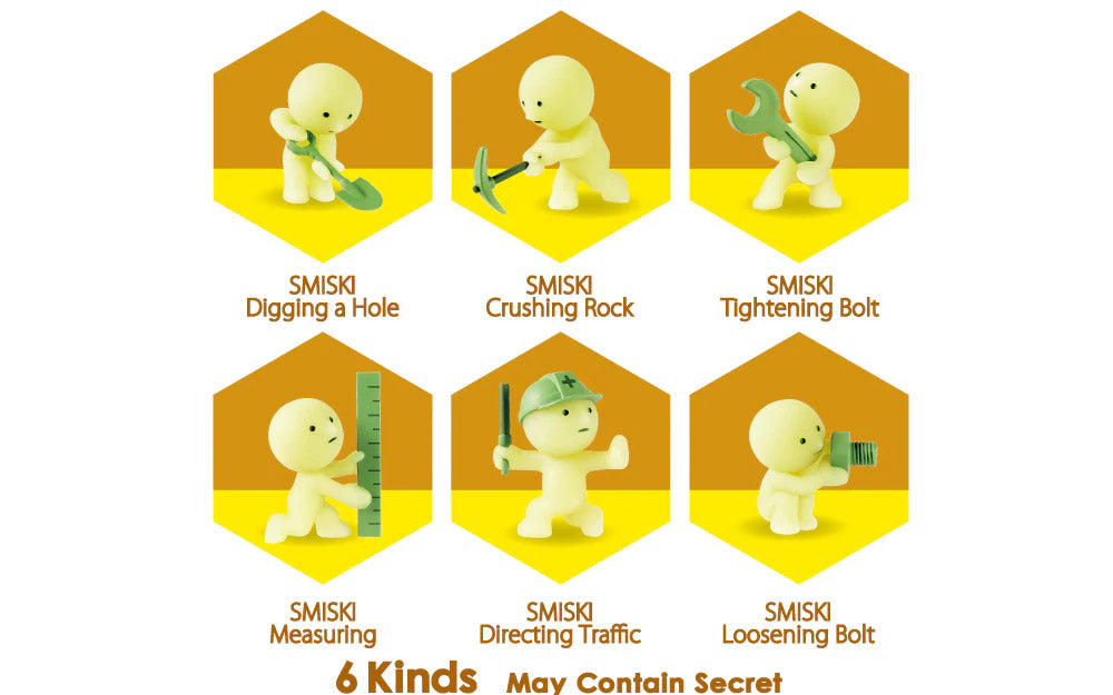 Six hexagonal panels showing SMISKI toy figures performing different actions with text labels; digging a hole, crunching rock, tightening bolt, measuring, directing traffic, and loosening bolt.