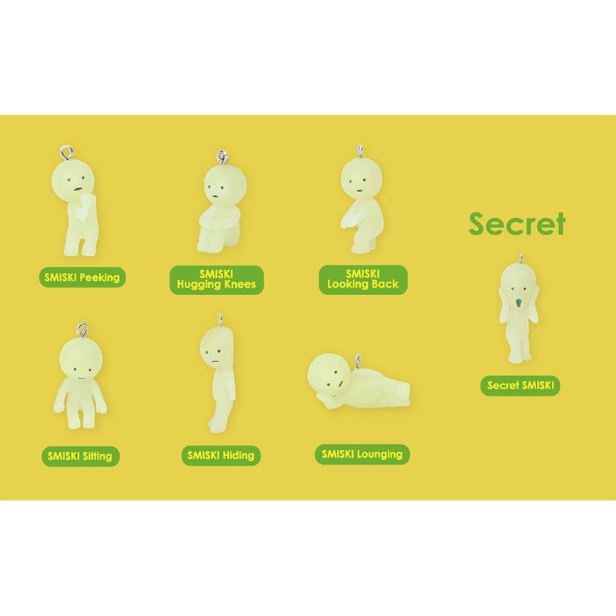 Examples of seven different Smiski styles; Smiski peeking, Smiski hugging knees, Smiski looking back, Smiski sitting, Smiski hiding, Smiski lounging, and Secret Smiski; on yellow background.
