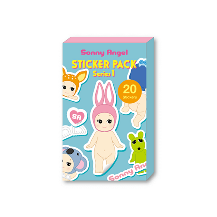 Sonny Angel Sticker Pack Series 1 box featuring cute cartoon baby angel characters and animal stickers on a light blue background with pink, yellow, and orange accents.