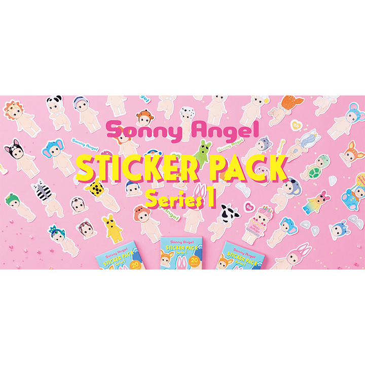 A pink promotional banner for a Sonny Angel sticker pack, featuring the text &