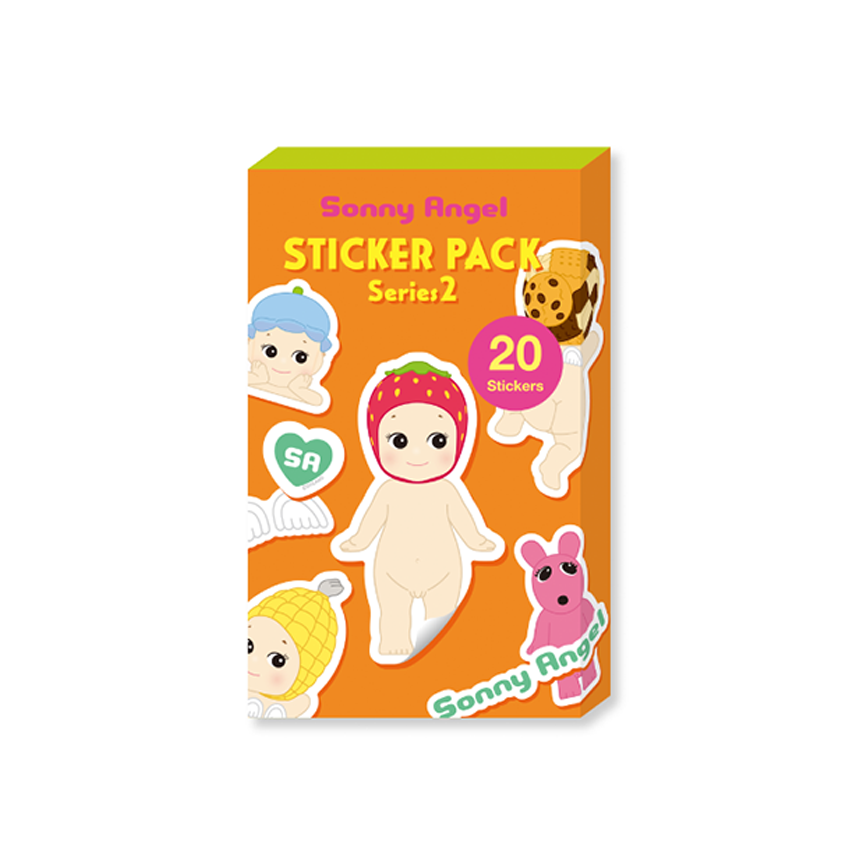 Sonny Angel Sticker Pack Series 2 in an orange box with colorful cartoon baby angel  stickers, including a strawberry baby, a cookie baby, and a pink bunny sticker.