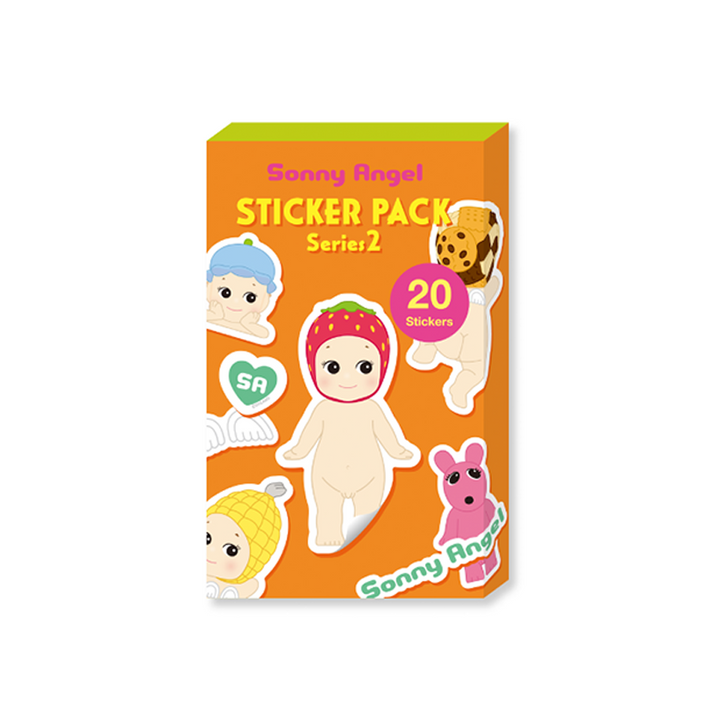 Sonny Angel Sticker Pack Series 2 in an orange box with colorful cartoon baby angel  stickers, including a strawberry baby, a cookie baby, and a pink bunny sticker.