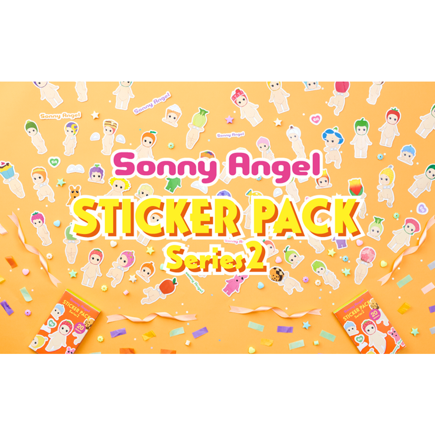 Promotional graphic for the Sonny Angel Sticker Pack Series 2, featuring a bright orange background filled with small cartoon angel illustrations, ribbon streamers, and two orange sticker packs at the bottom corners.