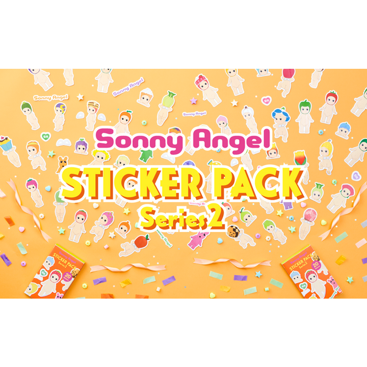 Promotional graphic for the Sonny Angel Sticker Pack Series 2, featuring a bright orange background filled with small cartoon angel illustrations, ribbon streamers, and two orange sticker packs at the bottom corners.