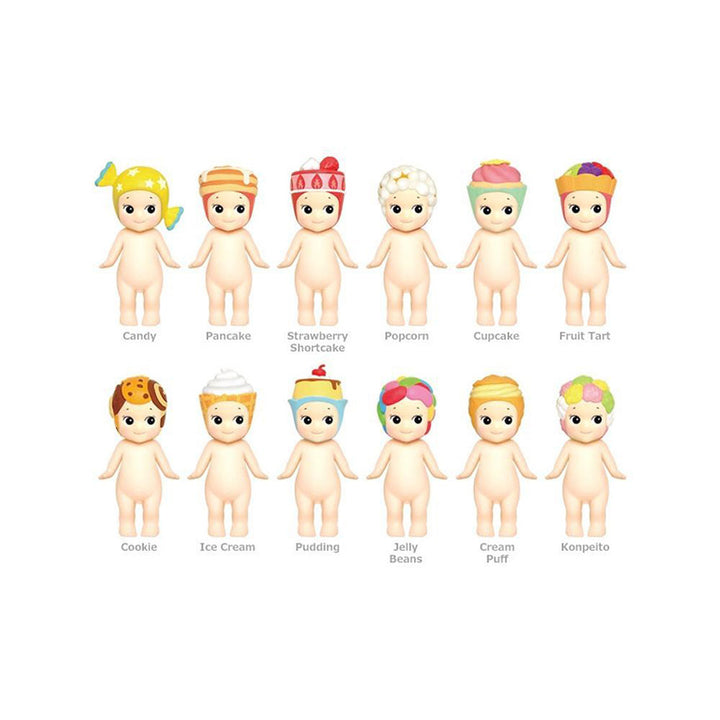 An image of twelve different figurines; candy, pancake, strawberry shortcake, popcorn, cupcake, fruit tart, cookie, ice cream, pudding, jelly beans, cream puff, and konpeito.