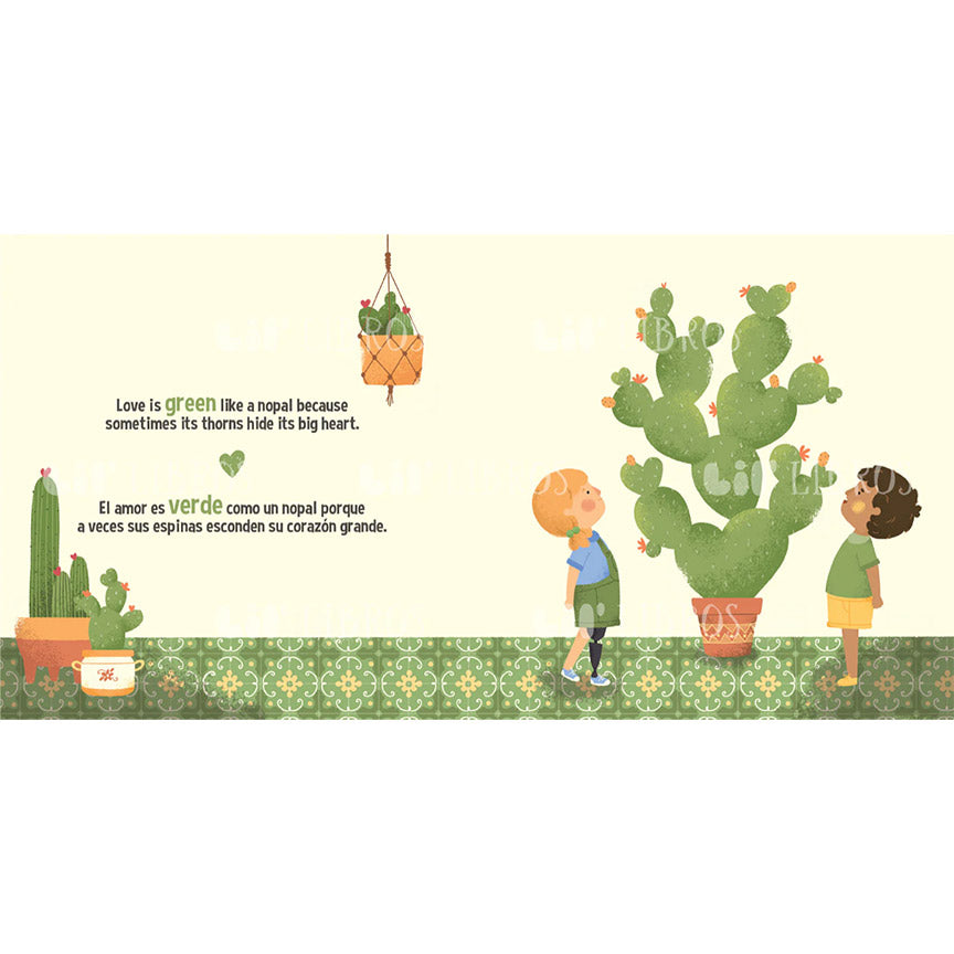 Illustration of two children looking at a cactus with text about love being green.