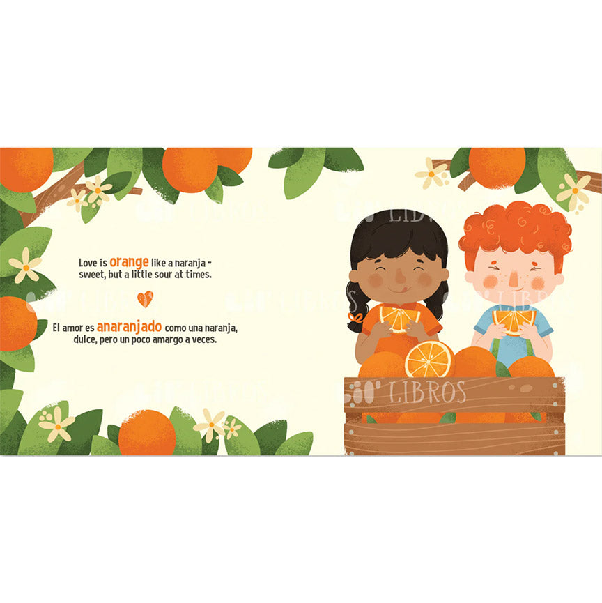 Illustration of two children with oranges and text about love being orange.