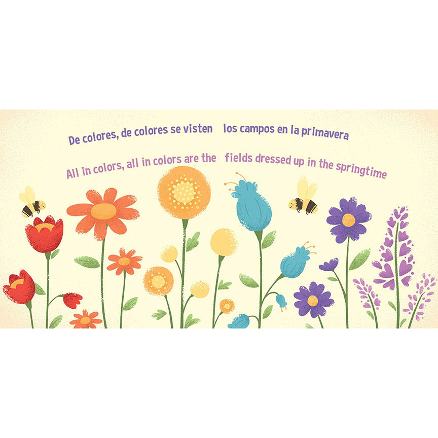 Illustration of colorful flowers and bees with English and Spanish text on a cream white background.