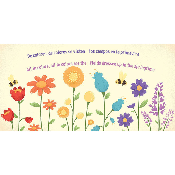 Illustration of colorful flowers and bees with English and Spanish text on a cream white background.