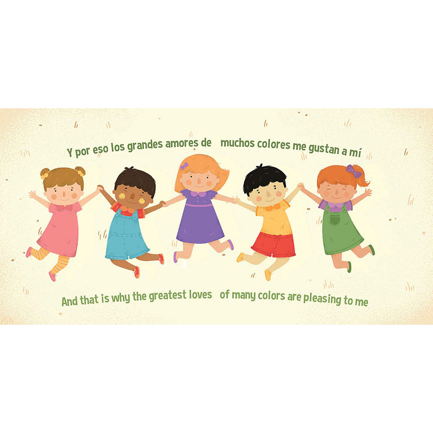 Illustration of kids in colorful outfits with English and Spanish text on a cream white background.