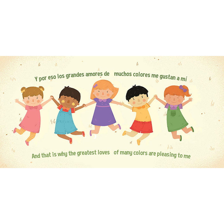 Illustration of kids in colorful outfits with English and Spanish text on a cream white background.