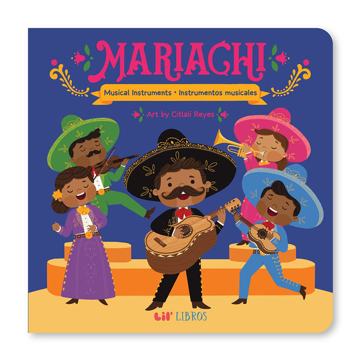 Blue cover of book with illustrated picture of five people in a Mariachi band singing joyfully. 