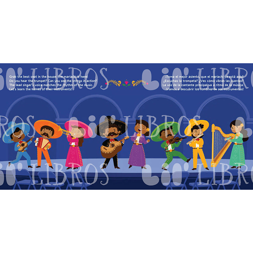 Inside page of book, featuring a row of cartoon Mariachi&