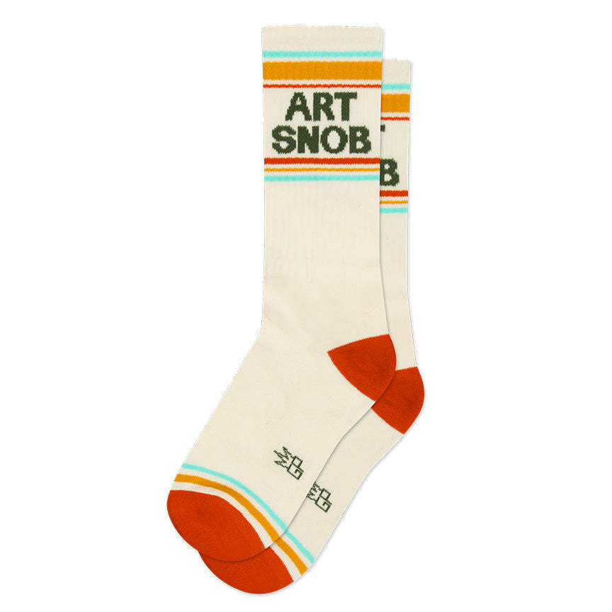 Orange, yellow, white, green and turquoise retro gym-style crew socks with the text 'Art Snob' on a white background.