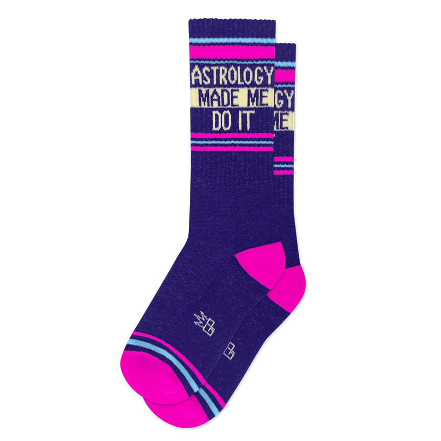 Purple, pink, and light blue retro gym-style crew socks with the text &