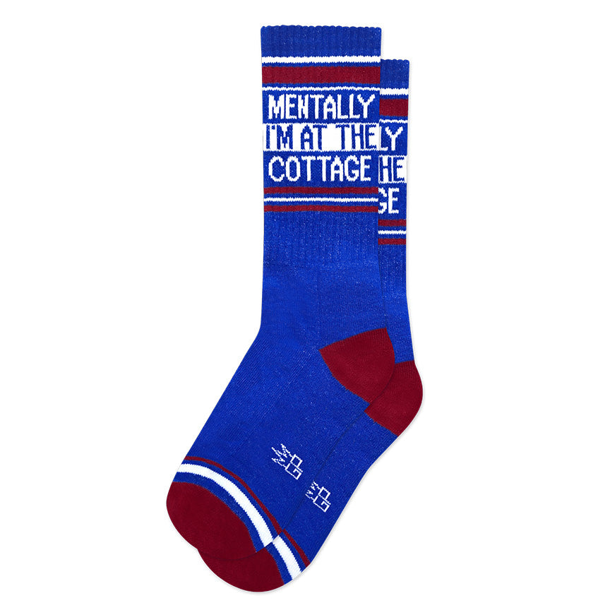 Maroon, white, and blue retro gym-style crew socks with the text 'Mentally I'm at the Cottage' on a white background.