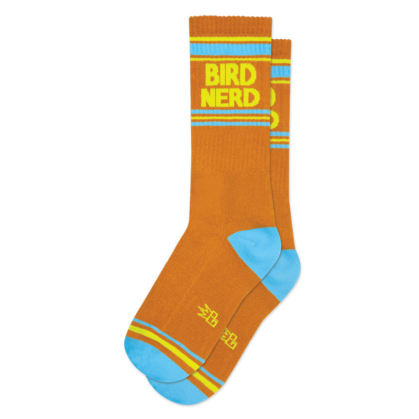 Orange, yellow, and blue retro gym-style crew socks with the text 'Bird Nerd' on a white background.