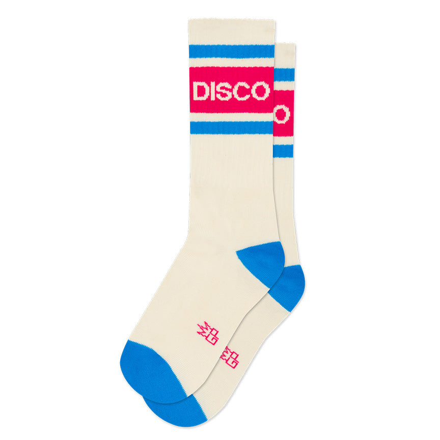 White, hot pink, and light blue retro gym-style crew socks with the text 'Disco' on a white background.