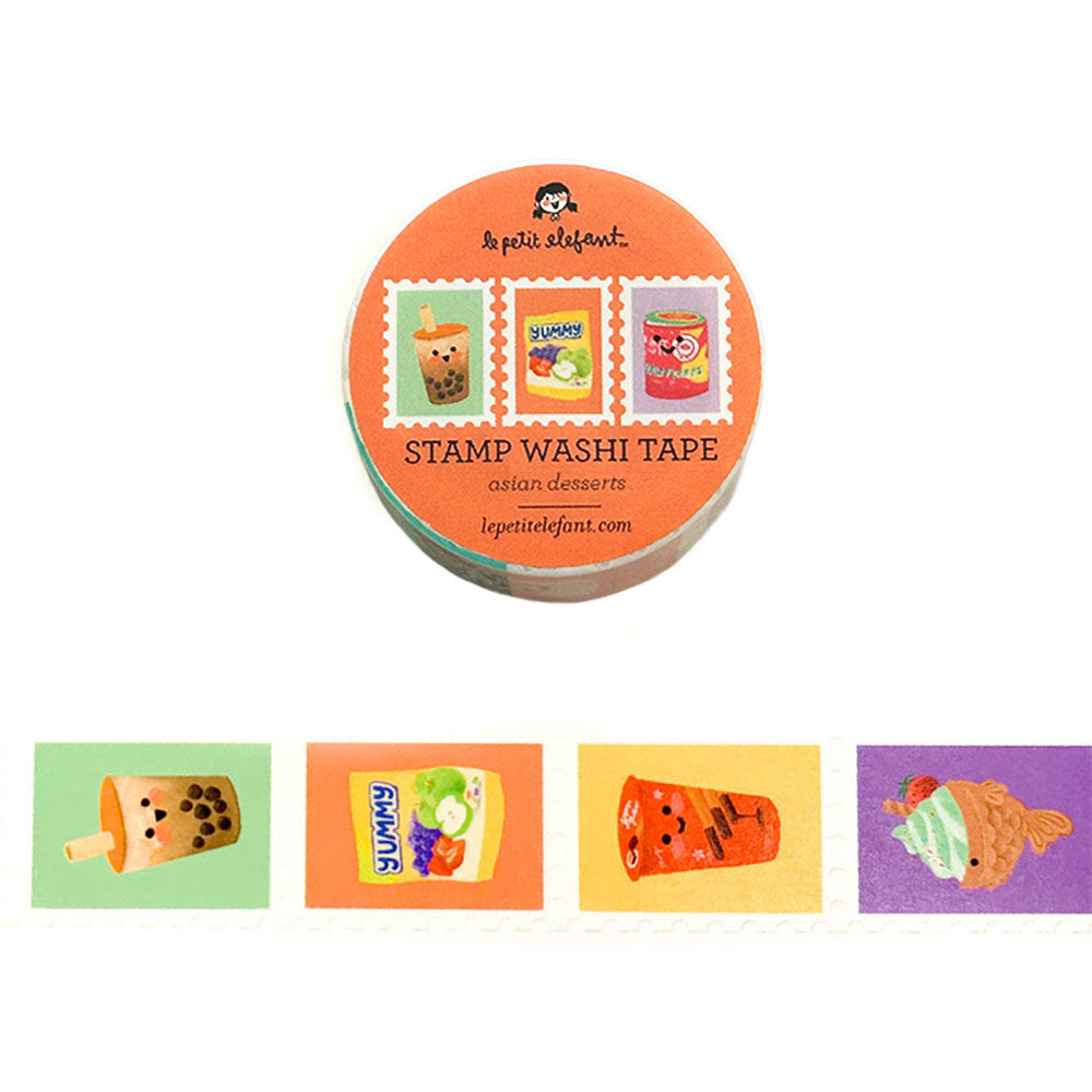 Round container of stamp washi tape with colorful asian desserts against a white background