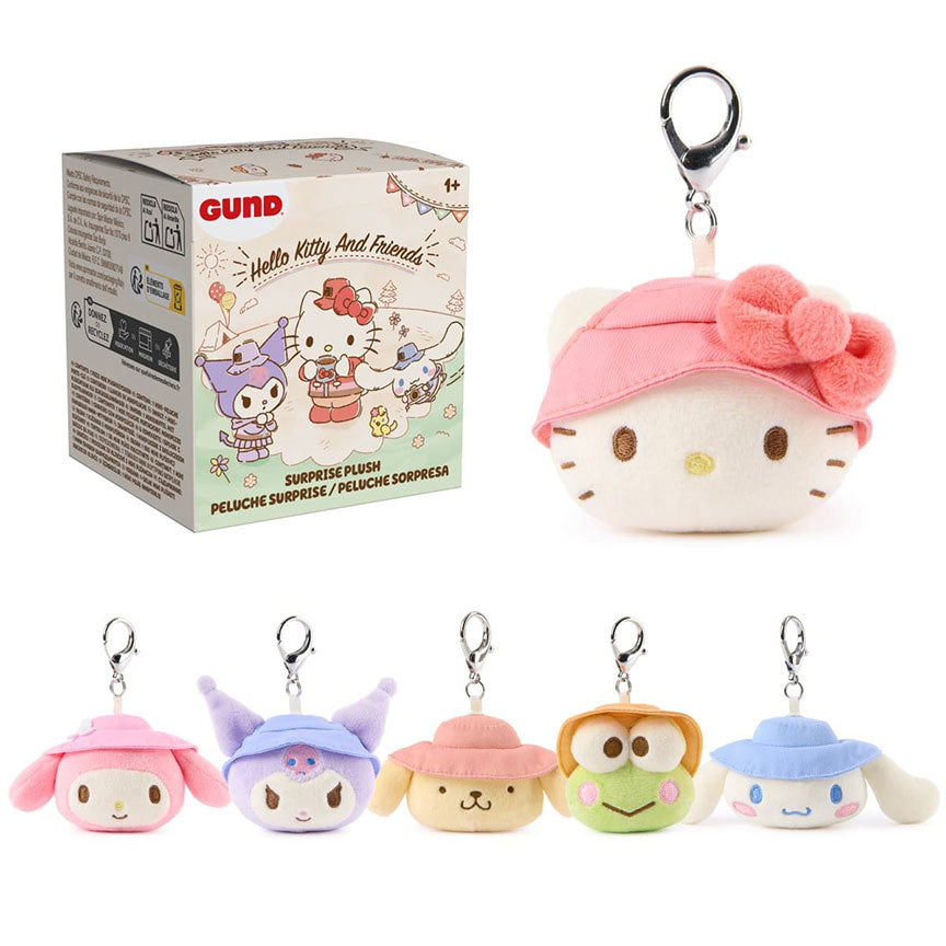 Image of six Sanrio character keychain designs and packaging on a white background.