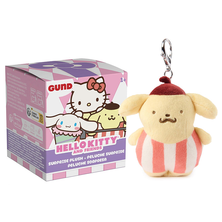 A PomPomPurin plush keychain shown next to its pink and white retail box on a clean white background.