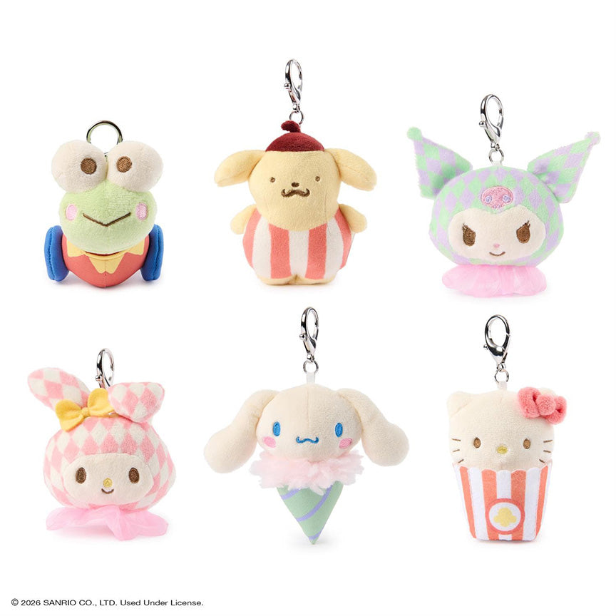 Set of six colorful plush hello kitty and friends keychains on a white background. Featuring characters such as Keropi, PomPomPurin, Kuromi, and more. 