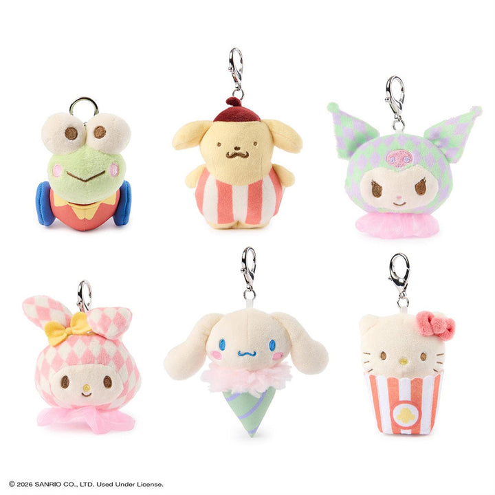 Set of six colorful plush hello kitty and friends keychains on a white background. Featuring characters such as Keropi, PomPomPurin, Kuromi, and more. 